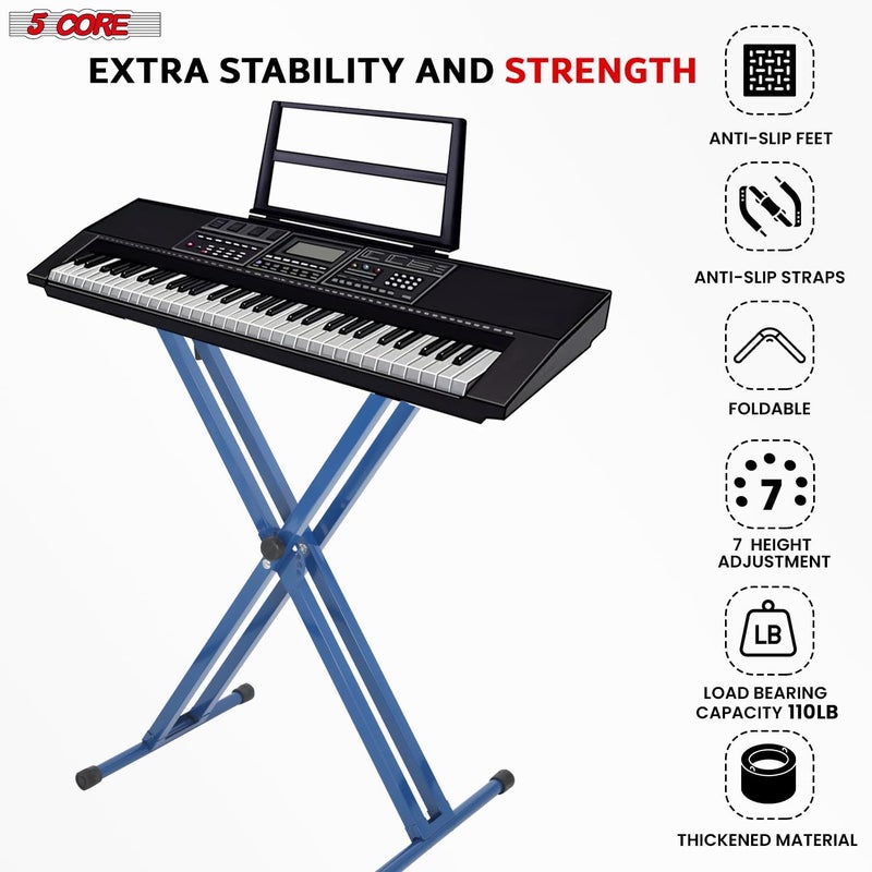 5 Core Piano Keyboard Stand Double X Heavy Duty 7 Adjustable Height Digital Electric Synthesizer Music Stands For 61 76 88 Keys w Secure Locking Strap - KS 2X BLU - Image 5